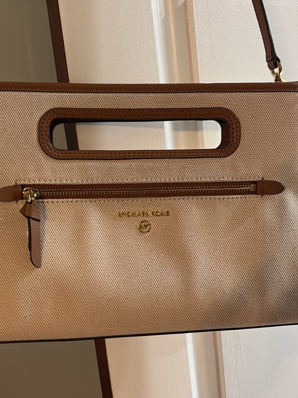 Michael Kors Beige Canvas Tote with Brown Trim and Gold Hardware